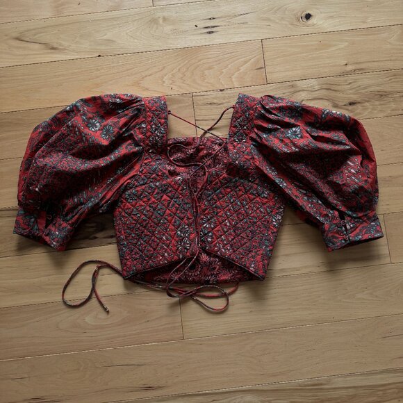 Ulla Johnson Anise Quilted Lace Up Back Crop Top in Clementine Size 2 Cotton - Picture 5 of 10